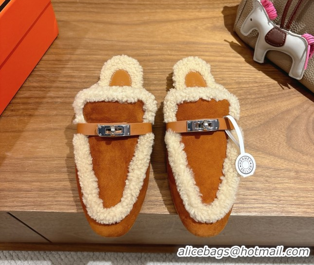 Purchase Hermes Oz Flat Loafers in Suede and Shearling with Kelly Buckle Camel Brown 1023013