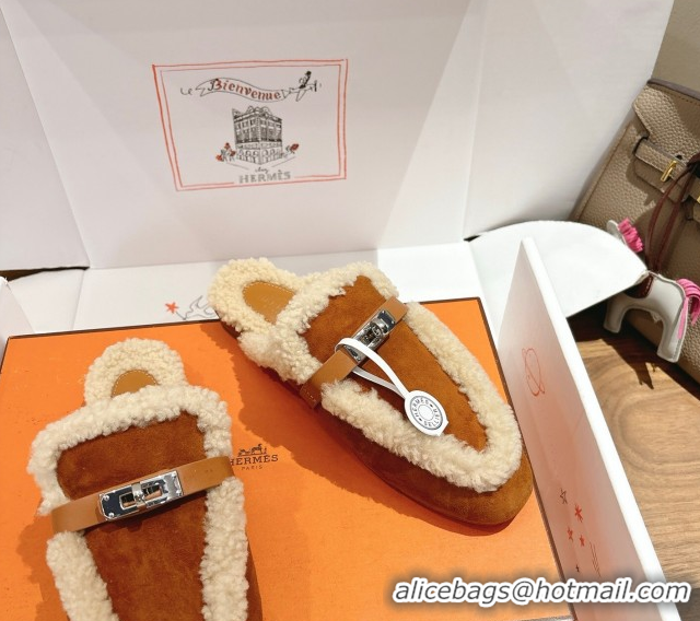 Purchase Hermes Oz Flat Loafers in Suede and Shearling with Kelly Buckle Camel Brown 1023013