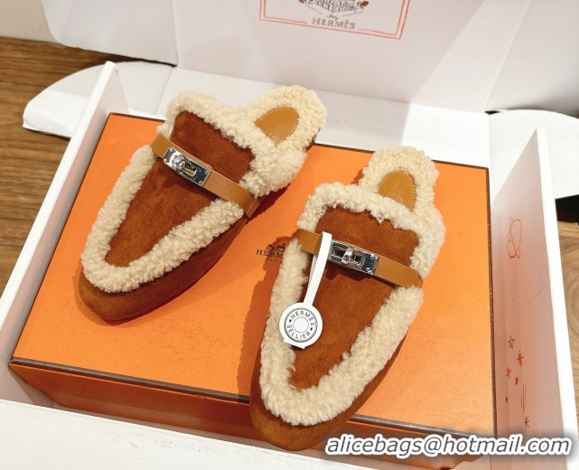 Purchase Hermes Oz Flat Loafers in Suede and Shearling with Kelly Buckle Camel Brown 1023013