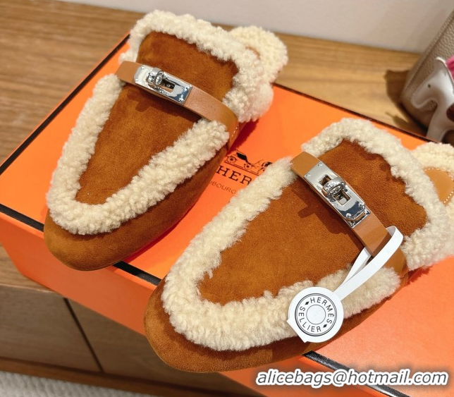 Purchase Hermes Oz Flat Loafers in Suede and Shearling with Kelly Buckle Camel Brown 1023013