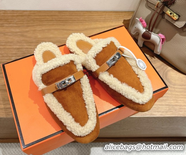 Purchase Hermes Oz Flat Loafers in Suede and Shearling with Kelly Buckle Camel Brown 1023013