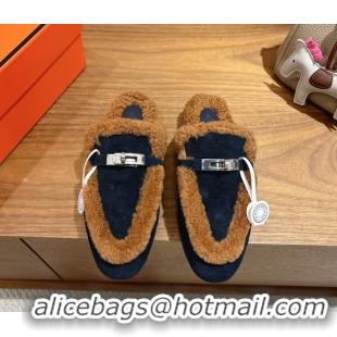 Unique Style Hermes Oz Flat Loafers in Suede and Shearling with Kelly Buckle Black/Brown 1023014