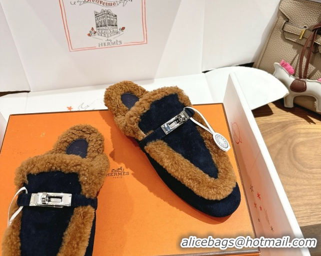 Unique Style Hermes Oz Flat Loafers in Suede and Shearling with Kelly Buckle Black/Brown 1023014