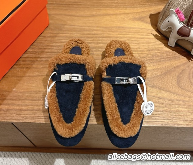Unique Style Hermes Oz Flat Loafers in Suede and Shearling with Kelly Buckle Black/Brown 1023014