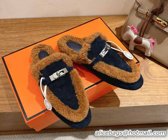 Unique Style Hermes Oz Flat Loafers in Suede and Shearling with Kelly Buckle Black/Brown 1023014