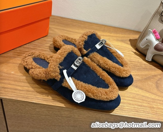 Unique Style Hermes Oz Flat Loafers in Suede and Shearling with Kelly Buckle Black/Brown 1023014