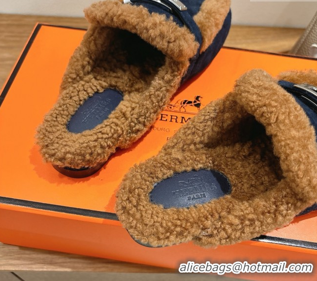 Unique Style Hermes Oz Flat Loafers in Suede and Shearling with Kelly Buckle Black/Brown 1023014