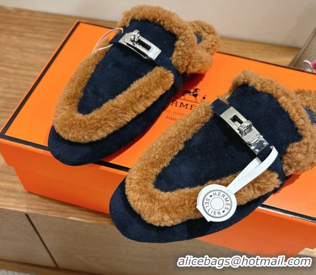 Unique Style Hermes Oz Flat Loafers in Suede and Shearling with Kelly Buckle Black/Brown 1023014