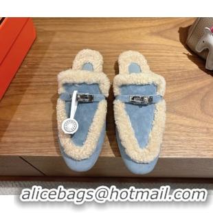 Classic Hot Hermes Oz Flat Loafers in Suede and Shearling with Kelly Buckle Light Blue 1023015