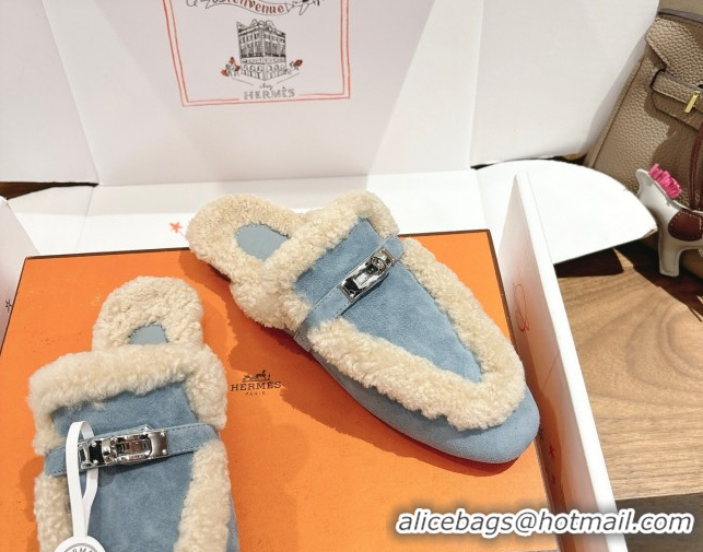 Classic Hot Hermes Oz Flat Loafers in Suede and Shearling with Kelly Buckle Light Blue 1023015