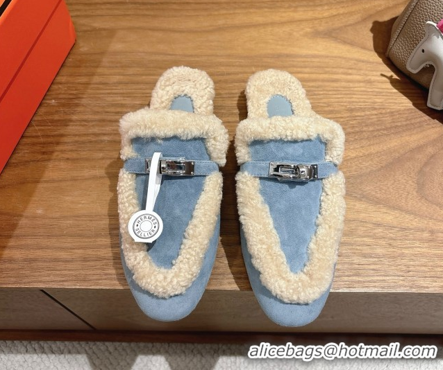 Classic Hot Hermes Oz Flat Loafers in Suede and Shearling with Kelly Buckle Light Blue 1023015