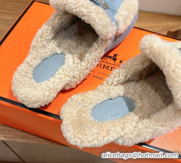 Classic Hot Hermes Oz Flat Loafers in Suede and Shearling with Kelly Buckle Light Blue 1023015