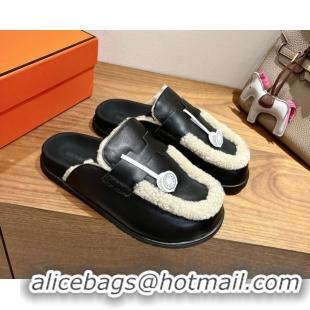 Sumptuous Hermes Go Flat Loafers in Calfskin Leather and Wool with H Strap Black 1023016