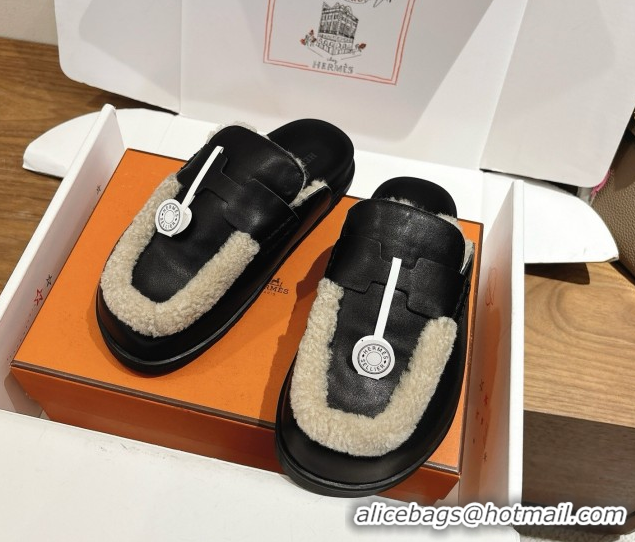 Sumptuous Hermes Go Flat Loafers in Calfskin Leather and Wool with H Strap Black 1023016