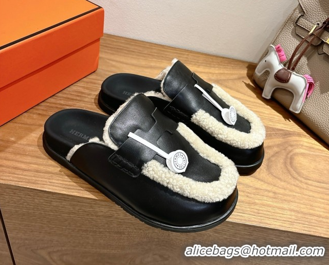 Sumptuous Hermes Go Flat Loafers in Calfskin Leather and Wool with H Strap Black 1023016