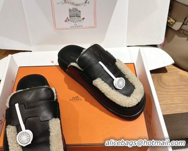 Sumptuous Hermes Go Flat Loafers in Calfskin Leather and Wool with H Strap Black 1023016
