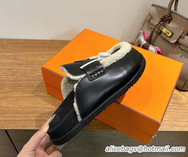 Sumptuous Hermes Go Flat Loafers in Calfskin Leather and Wool with H Strap Black 1023016