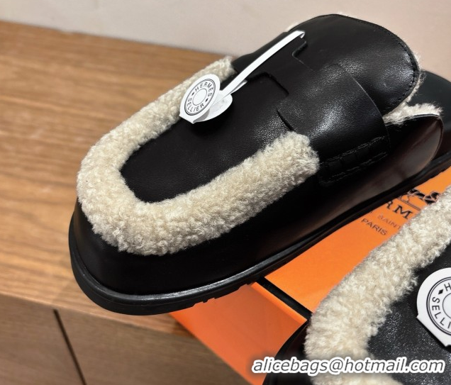 Sumptuous Hermes Go Flat Loafers in Calfskin Leather and Wool with H Strap Black 1023016