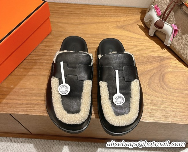 Sumptuous Hermes Go Flat Loafers in Calfskin Leather and Wool with H Strap Black 1023016