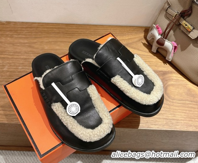 Sumptuous Hermes Go Flat Loafers in Calfskin Leather and Wool with H Strap Black 1023016
