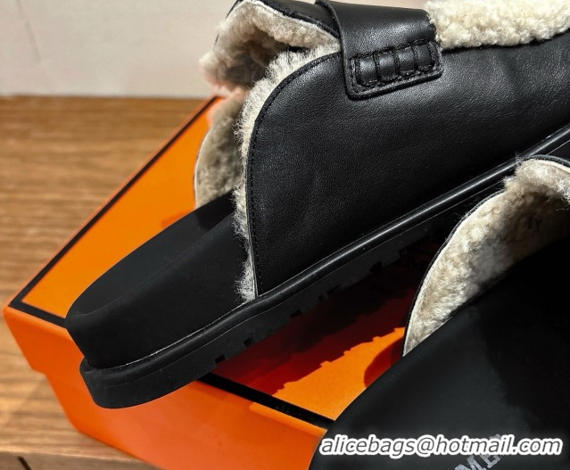 Sumptuous Hermes Go Flat Loafers in Calfskin Leather and Wool with H Strap Black 1023016