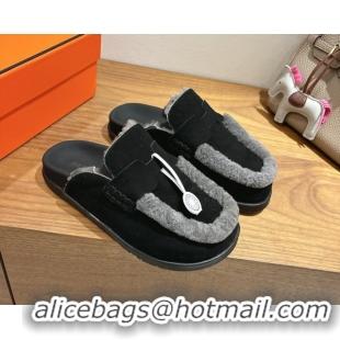 Perfect Hermes Go Flat Loafers in Suede and Wool with H Strap Black 1023017