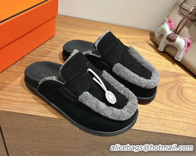 Perfect Hermes Go Flat Loafers in Suede and Wool with H Strap Black 1023017