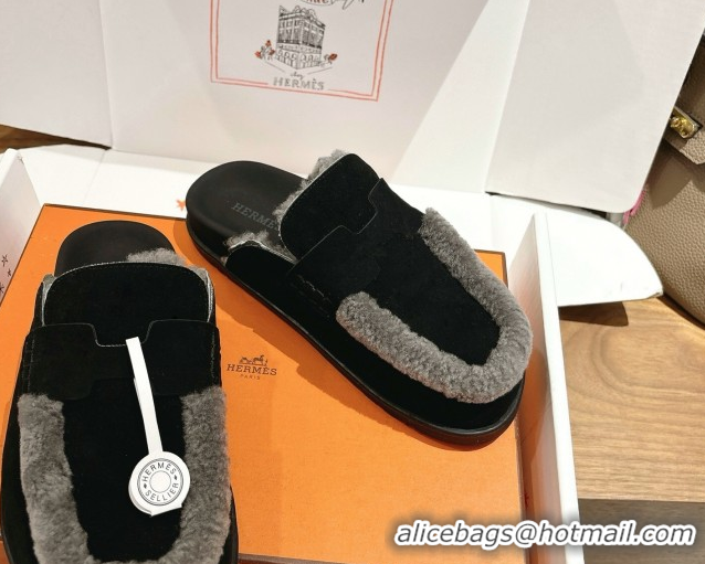 Perfect Hermes Go Flat Loafers in Suede and Wool with H Strap Black 1023017