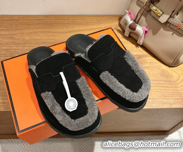 Perfect Hermes Go Flat Loafers in Suede and Wool with H Strap Black 1023017