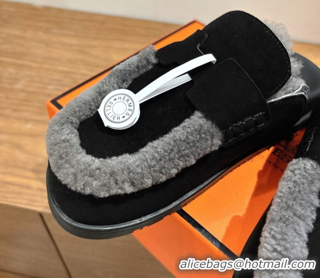 Perfect Hermes Go Flat Loafers in Suede and Wool with H Strap Black 1023017