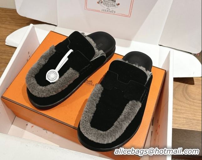 Perfect Hermes Go Flat Loafers in Suede and Wool with H Strap Black 1023017