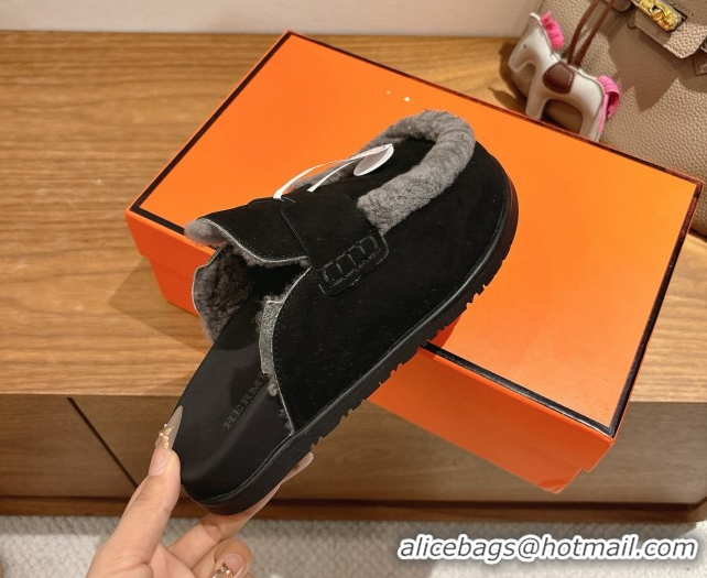 Perfect Hermes Go Flat Loafers in Suede and Wool with H Strap Black 1023017
