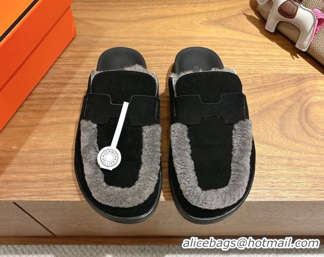 Perfect Hermes Go Flat Loafers in Suede and Wool with H Strap Black 1023017