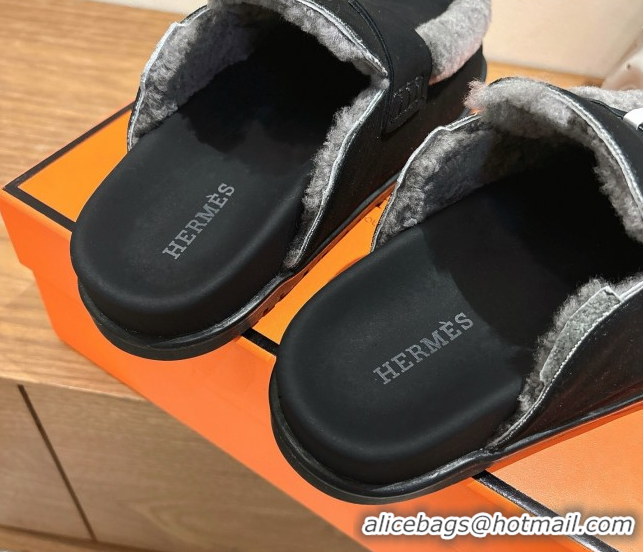 Perfect Hermes Go Flat Loafers in Suede and Wool with H Strap Black 1023017