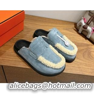 Sophisticated Hermes Go Flat Loafers in Suede and Wool with H Strap Blue 1023018