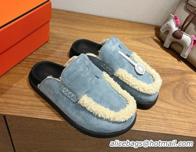 Sophisticated Hermes Go Flat Loafers in Suede and Wool with H Strap Blue 1023018