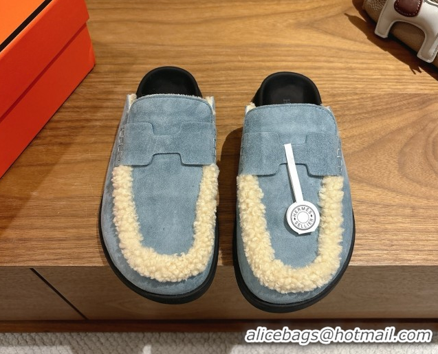 Sophisticated Hermes Go Flat Loafers in Suede and Wool with H Strap Blue 1023018