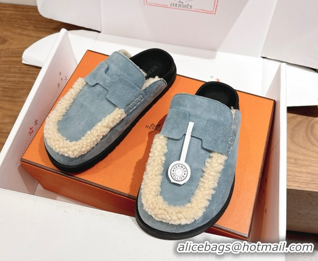 Sophisticated Hermes Go Flat Loafers in Suede and Wool with H Strap Blue 1023018