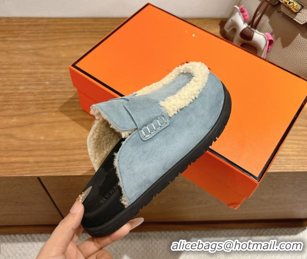 Sophisticated Hermes Go Flat Loafers in Suede and Wool with H Strap Blue 1023018