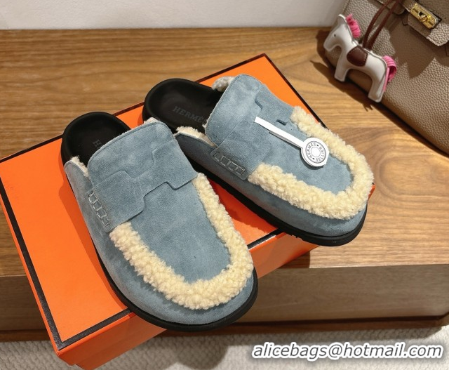 Sophisticated Hermes Go Flat Loafers in Suede and Wool with H Strap Blue 1023018