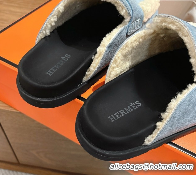 Sophisticated Hermes Go Flat Loafers in Suede and Wool with H Strap Blue 1023018