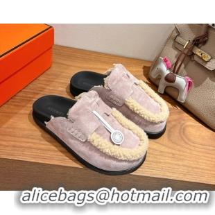 Duplicate Hermes Go Flat Loafers in Suede and Wool with H Strap Purple 1023019