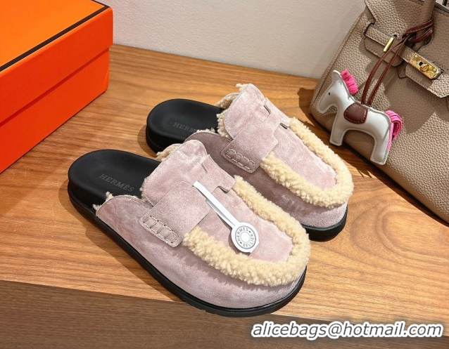 Duplicate Hermes Go Flat Loafers in Suede and Wool with H Strap Purple 1023019