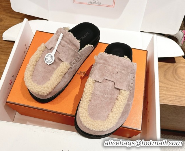 Duplicate Hermes Go Flat Loafers in Suede and Wool with H Strap Purple 1023019