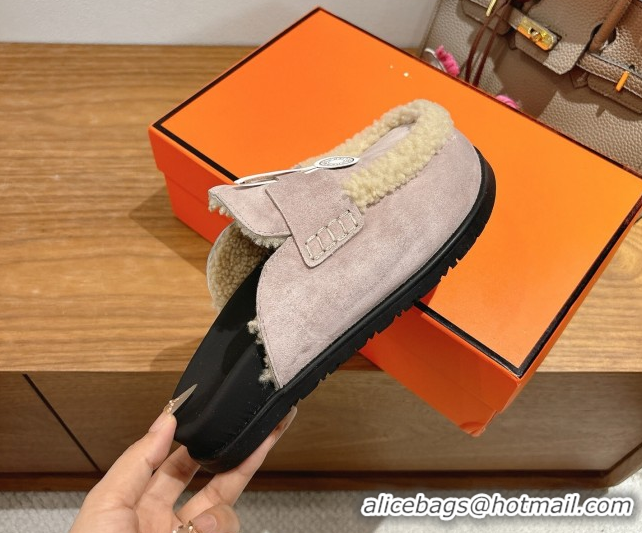 Duplicate Hermes Go Flat Loafers in Suede and Wool with H Strap Purple 1023019