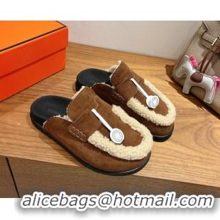 Grade Quality Hermes Go Flat Loafers in Suede and Wool with H Strap Dark Brown 1023020