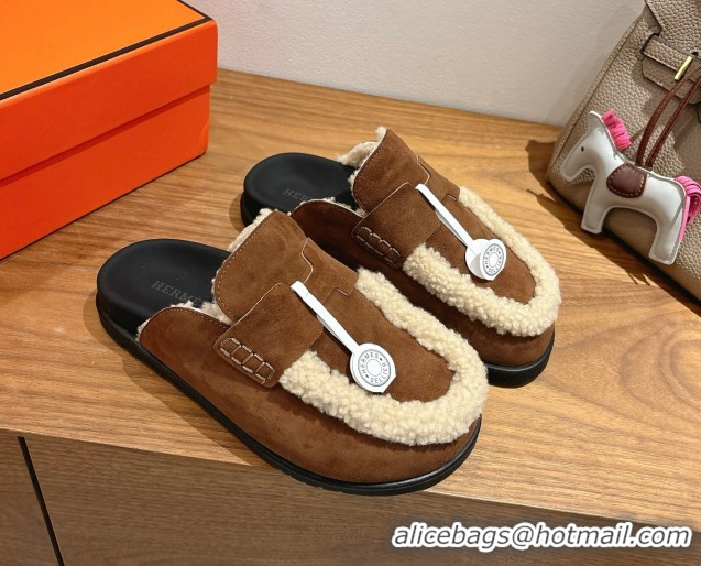 Grade Quality Hermes Go Flat Loafers in Suede and Wool with H Strap Dark Brown 1023020