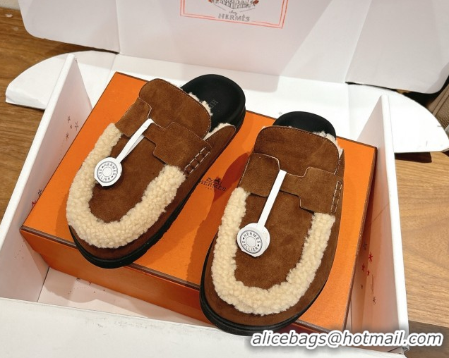 Grade Quality Hermes Go Flat Loafers in Suede and Wool with H Strap Dark Brown 1023020