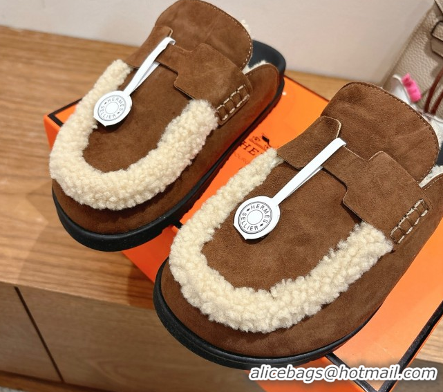 Grade Quality Hermes Go Flat Loafers in Suede and Wool with H Strap Dark Brown 1023020