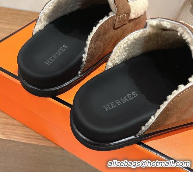 Grade Quality Hermes Go Flat Loafers in Suede and Wool with H Strap Dark Brown 1023020